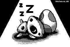 monochrome pixel art of aron sleeping next to an egg
