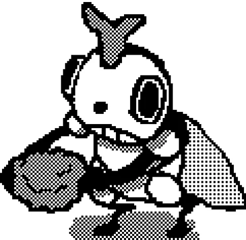 monochrome pixel art of a beetle holding a chicken nugger