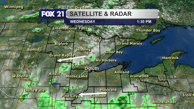 The satellite and radar across the Northland at 1:30 p.m. on Wednesday, May 28, 2025, shows more pop-up showers forming from Aitkin northeast to Silver Bay, and a more widespread shower threat along the southern most counties in the region.  The showers are moving from east to west.  Clear skies are being observed along the South Shore, North Shore, and Twin Ports region.