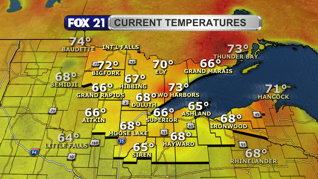 Temperatures across the Northland just after 1 p.m. on May 28, 2025, range from 65 to 73 degrees Fahrenheit.