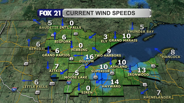 Wind speeds in the Northland just after 1 p.m. on May 28, 2025, range from calm to 16 mph.  Wind direction is variable across the region, with a lake breeze being observed along Lake Superior.