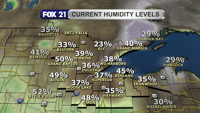Relative humidity levels across the Northland just after 1 p.m. on May 28, 2025, range from 23 to 50 percent.
