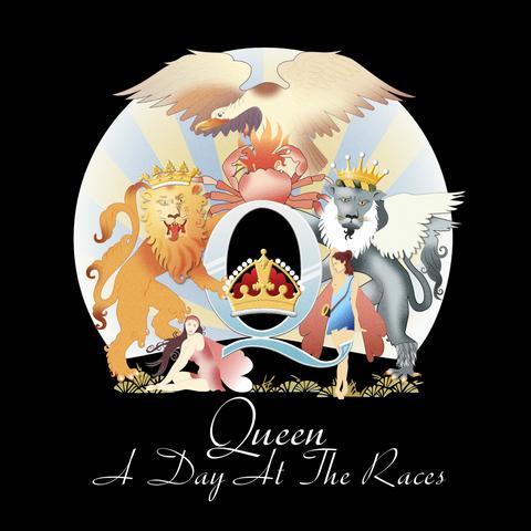 A vector drawing of the album cover for Queen's "A Day at the Races" from 1976. One red and one grey lion, both wearing crowns, are holding a big, ornamented light blue letter Q between them. In the middle of the Q, a royal crown is placed. One fairy in pink sits in the grass to the left while another fairy in blue is watching her. Behind the Q, a red crab is engulfed in flames and a white'ish bird is spreading their wings over the top. The background is black, but with a blue/yellow motif behind the characters signifying a rising sun on a summer morning. Band name and album title set in "Parfum" typeface below the design.