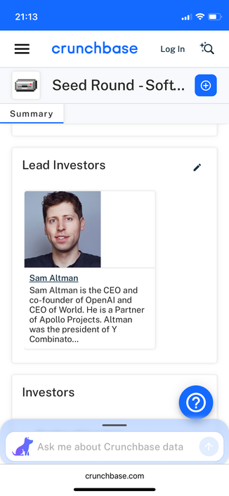 Screenshot of Software Applications Incorporated’s profile on Crunchbase showing San Altman as their lead investor.