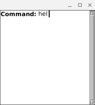 A default-looking gui window. hel has been partially typed at the bold Command: prompt, which will autocomplete to Help presumably.