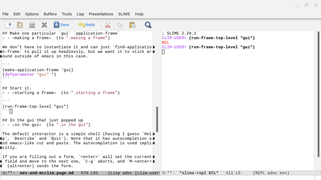 Screenshot of emacs where I have just pressed F8, eepitching (run-frame-top-level *gui*) to the external lisp image via slime. The left pane of emacs is the blog article on connecting emacs to an external clim lisp image.