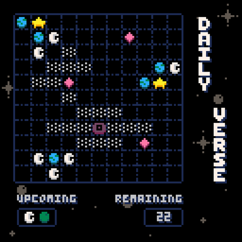 Daily-Verse, a puzzle game around painting galaxies is slowly in progress. On the image you can see a grid on which various stars, moons and plants are placed for future scoring. The background has a minimal starry vibe.