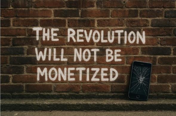 A wall mural that says: The revolution will not be monetized.