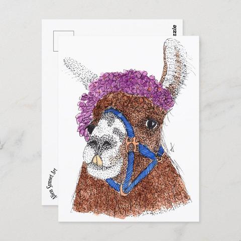 product image of a postcard with a pen and watercolor drawing of a brown llama with a white muzzle wearing a blue halter and purple flower crown.