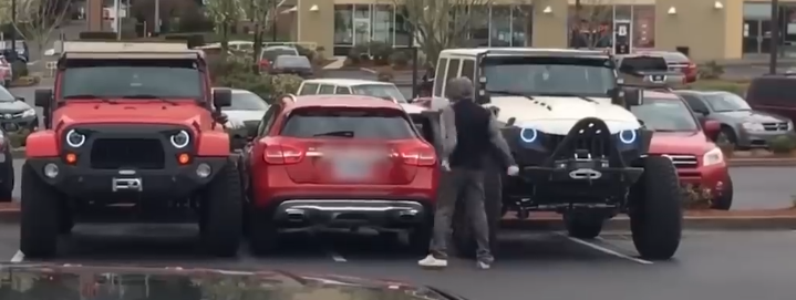 A Super Useless Vehicle parkt in between two Jeeps wo are completely lifted.

Due to having white ringlights they look as if they are angry and tired respectably.