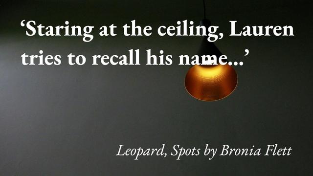 A view looking up at a lamp and the ceiling, with a quote from Bronia Flett's short story Leopard, Spots: 'Staring at the ceiling, Lauren tries to recall his name…'