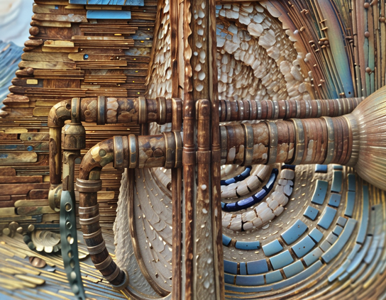 A surreal example of ornamental plumbing as a structure of intertwined copper pipes and fittings, in a room with walls decorated in wood assemblage and metal and tile mosaic.