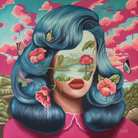 a surreal oil painting of a portrait of a woman with blue hair, a landscape in place of her face, and flowers in her hair