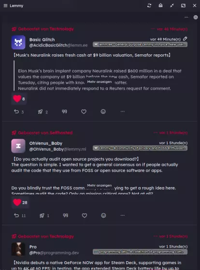 Screenshot of a Sharkey list with Lemmy posts