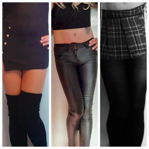 3 photos from last year one in leggings the second in faux leather trousers the third in short skirt and pantyhose  💖