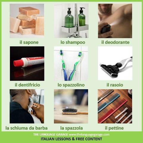Italian vocabulary for the bathroom, images of items commonly found in the bathroom