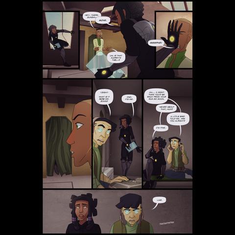 Page 1 of Episode 3 Act 3 from the Kamikaze webcomic.  Markesha, in her newly acquired infilration suit and gravity pack, returns home to the apartment carrying Audrey's tablet.  She pushes past Link to talk with her dad privately in his room.