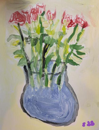 Cut Roses in Vase, Gouache on Paper