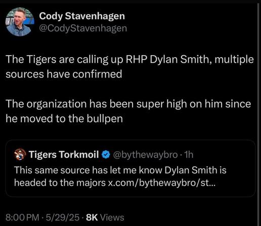 Tigers are calling up Dylan Smith. He has a 39.5 K% in the minors this year.