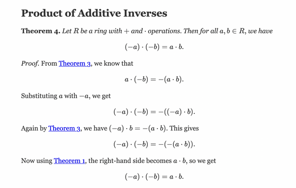 A screenshot of a proof pertaining to the product of two additive inverses.