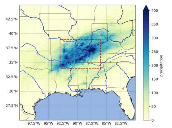 4-day accumulated precipitation over the Central Mississippi river valley from 03/04/2025-06/04/2025. Major rivers are marked in blue and the study region for rainfall is highlighted with the red dashed line. Data from MSWEP.