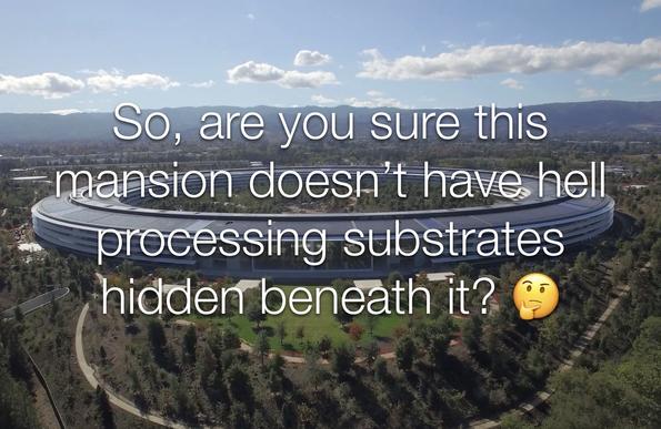 Aireal photo of the torus-shaped Apple HQ with overlaid text:
So are you sure this mansion doesn’t have hell processing substrates hidden beneath it? 🤔