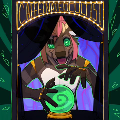 Digital art of a furry character "Velvet" as a mechanical toy inside of "Follower" which appears to be the inside of a fortune teller cabinet game. The insides appear to have a vascular system, and the main character appears possessed with green hypnotic eyes.

Artwork by, CaffeinatedCultist