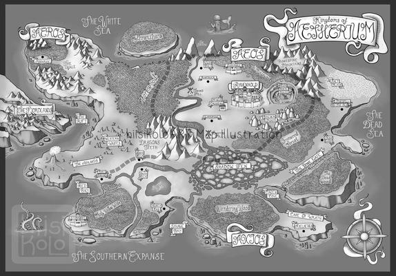 Black and White, large fantasy map.
Depicts one large land mass, Kingdoms of Aetherium in the middle, and beginning of another to the left called The Fjordlands. All of the kindoms are pointed with white, flowing banners with hand written texts. The map depicts tall mountains like the Dragon's Teeth, a large lake, Shadow Fen, large masses of forests where each tree is drawn one-by-one, cities, one active volcano, and somewhat 3D coastline that rises and lowers basd on the elevation. In the three seas are two monsters - a siren, and tentacles of a Kraken. Each detail is perfectly designed for the client's tastes and story needs. In the bottom right is a stylized compass with a flowing banner fabric behind it.