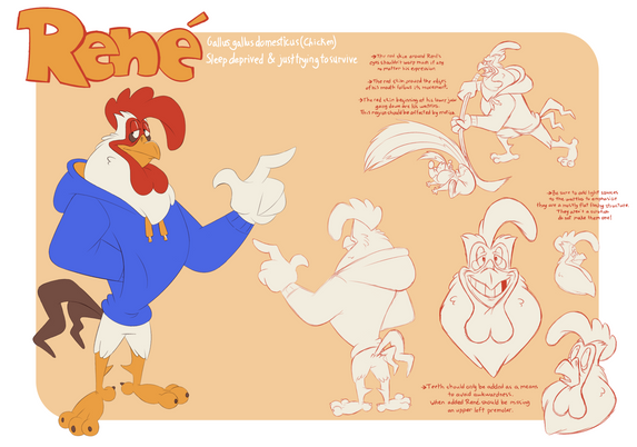 Reference sheet of an anthropomorphic cartoon rooster wearing a blue hoodie with yellow accents. It has some text listed on it though most is just reminders to myself. These read as such:

René
Gallus gallus domesticus (Chicken)
Sleep deprived & trying to survive

-> The red skin around René's eyes shouldn't warp much if any no matter his expression. 
-> The red skin around the edges of his mouth follows its movement.
-> The red skin beginning at his lower jaw going down are his wattles. This region should be affected by motion.

-> Teeth should only be added as a means to avoid awkwardness. When added René should be missing an upper left premolar.

-> Be sure to add light sources to the wattles to emphasize they are a mostly flat fleshy structure. They aren't a scrotum do not make them one!