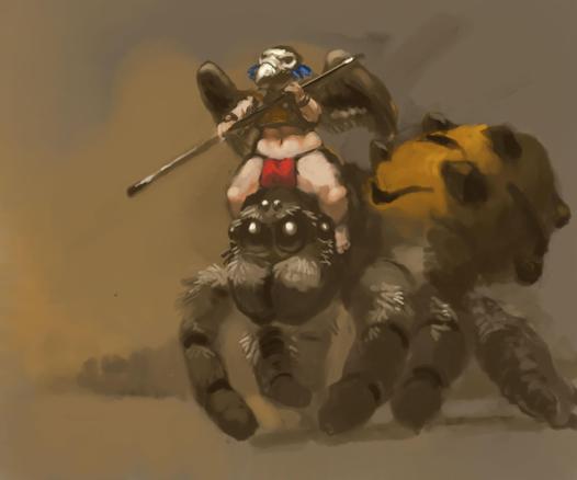 Digital painting of giant jumping spider, ridden by a female warrior with bird mask, wings and polestaff