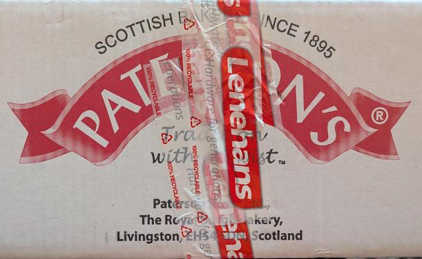 Cardboard box from a Scottish bakery with Lenehans tape over it.