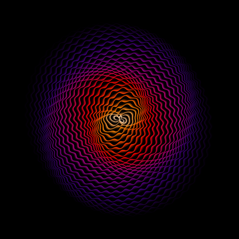Oval-shaped arrangement of colourful waves with a double spiral effect, black background.