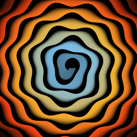 Colourful spiraling waves starting from the center covering all picture, non-saturated colours from blue cyan to orange, black background.