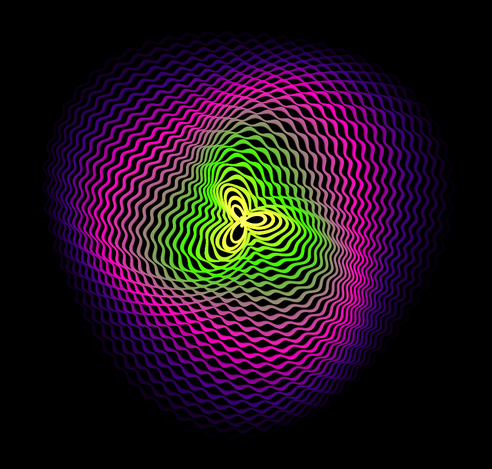 Arrangement of colourful waves with a triple spiral effect, black background.