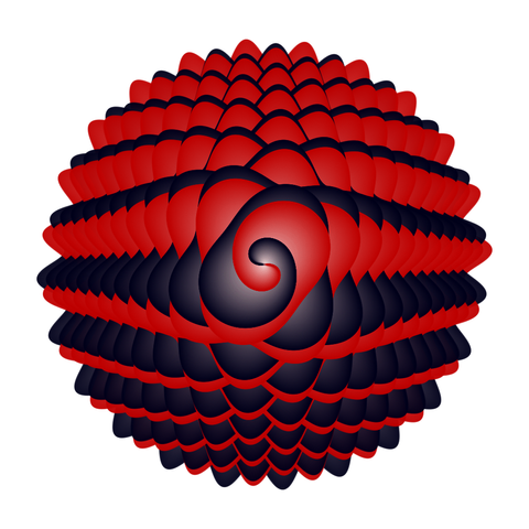 Piece with a 3D effect, starting at the center with two spirals resembling yin-yang symbol, followed by lots of sinusoidal bumps, black and red with white background.