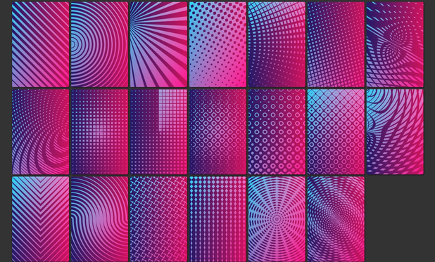 19 cards, each with a different kind of halftone pattern.