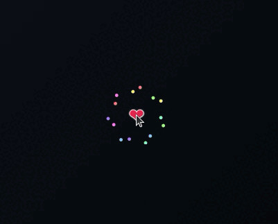 Shows the twitter heart animation with sparks flying away from it as it goes from grey to red on click.