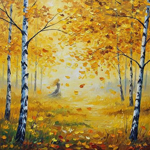 Golden autumn leaves cascade gently from birch trees, creating a warm, inviting forest scene. A distant, ethereal woman figure with flowing hair strolls along the path, adding a sense of mystery.