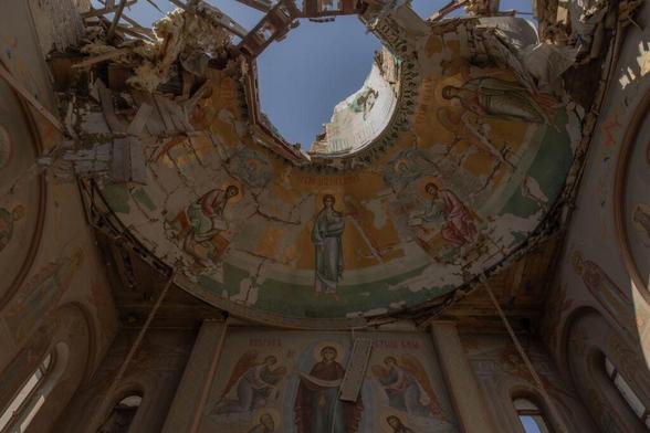 The interior of a church damaged by shelling is seen in Kostyantynivka, Donetsk Oblast, Ukraine, in April 2025
