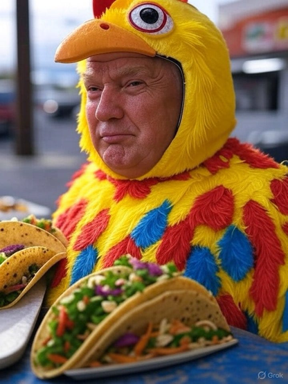 A digitally altered image of DJT in a colorful chicken costume. The costume is bright yellow with red and blue feather accents, and DJT is sitting in front of several tacos filled with fresh vegetables. Yum!