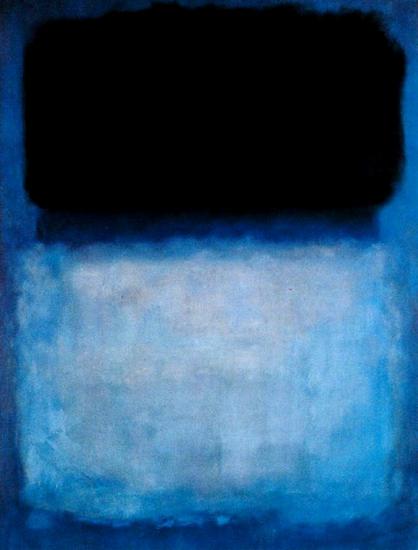 a painting in three colors: a background of blue, with a roughly painted black rectangle over a roughly painted light blue rectangle.  actually the lower rectangle may be the result of painting white paint over the still-wet blue background.