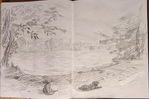 Pencil on paper

Sketch of a bathing bay, trees on the left and right and 2 dogs on the ground. Behind it water, behind it trees and houses and a cloudy sky. Several boats are indicated on the water.