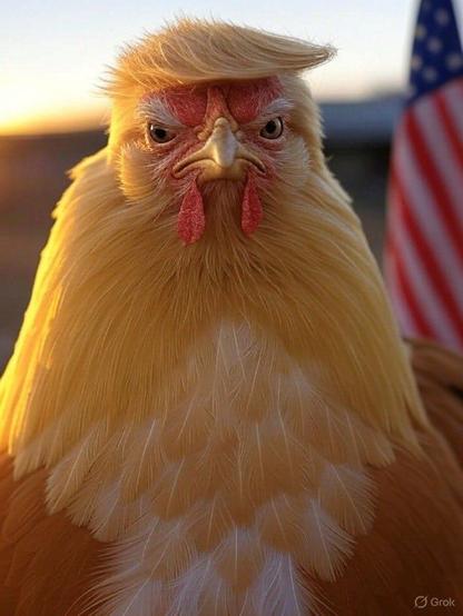 AI generated image of Donald J. Trump as a giant yellow chicken.