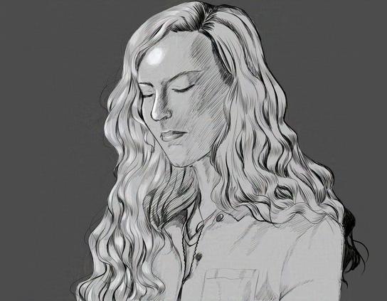 A digital illustration. A woman, with long blonde hair, is looking downward with a neutral expression.
