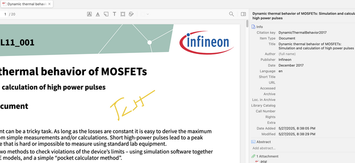 A screenshot of Zotero on the Mac showing an Infineon application note with the word "Test" poorly scribbled on it as PDF markup.