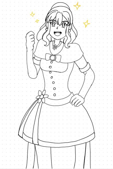 A line art sketch of Piroska from Operating Superstars. She has her hair styled in a ponytail and in a 1970’s inspired style. She is wearing a sleeveless gown with a shawl, a round brooch and bow pinned in front of the shawl, and is wearing a choker with a flower motif (resembling the DECtape hub shape), and her gown has a sash with the flower motif on it.