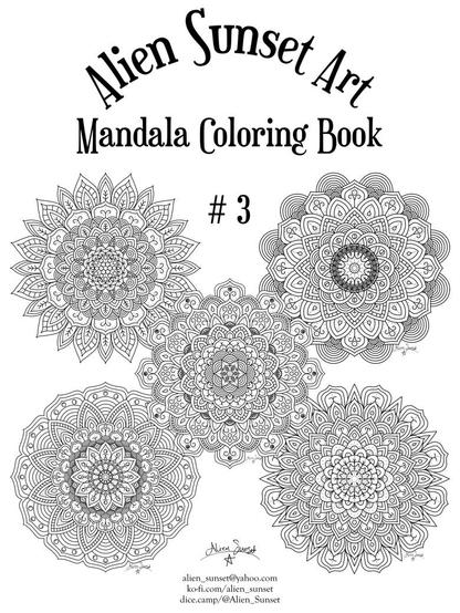 the black and white cover of a coloring book that says "Alien Sunset Art Mandala Coloring Book" with five black and white line art mandalas arranged below it.