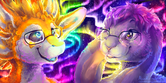 Conjoined painted portraits of an orange avali, a furred and feathered creature with four large ears, and a stylized purple anthro rabbit with fluffy head hair and extremely long floppy ears. Both are wearing glasses and gazing upward, brightly lit by an aurora borealis in the colors of the rainbow, non binary, and bisexual pride flags.