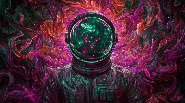 Nébuleuse intérieure.
Portrait cosmique d’un astronaute dont le casque reflète un univers étoilé, entouré de tourbillons psychédéliques aux teintes vives.
Cosmic portrait of an astronaut with a star-filled helmet, surrounded by vivid psychedelic swirls.