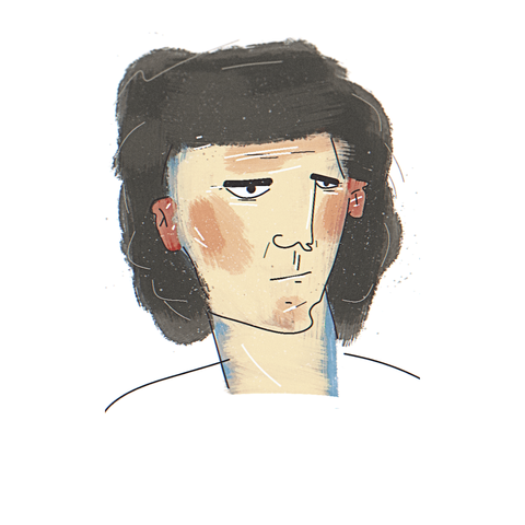 A stylized digital sketch of a man with dark, thick, medium-length hair, looking slightly to the side. He has a very stoic expression on his face.